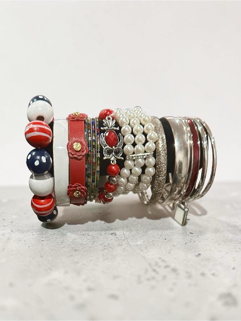 Patriotic Red White Blue Beaded Bracelet Stack Silver Bangle Pearl Set